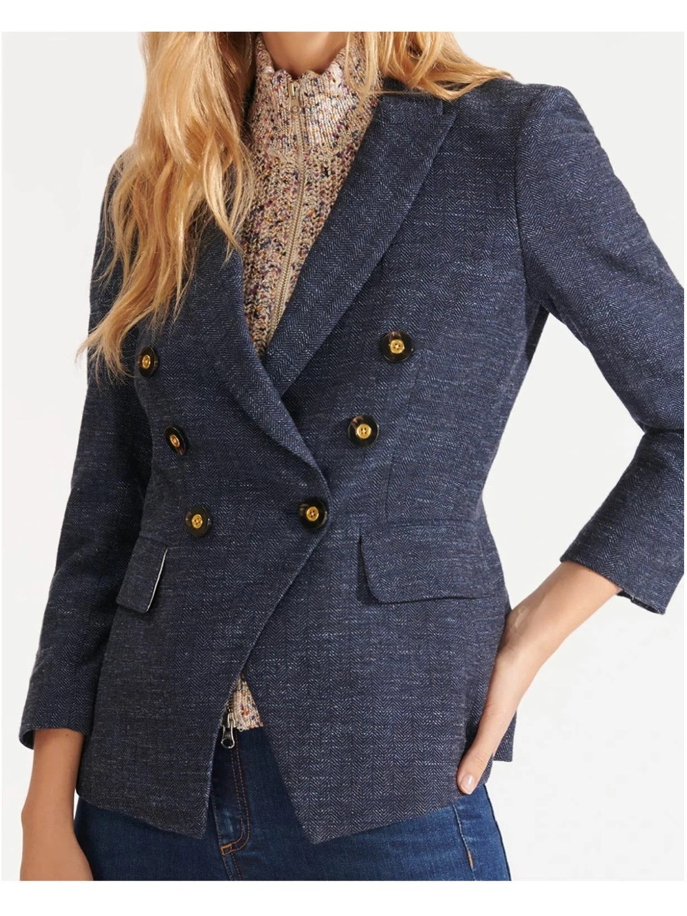$748 Veronica Beard Blue Herringbone Miller Dickey jacket blazer, size 6